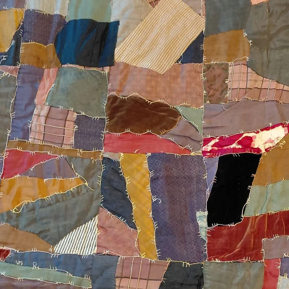 Vtg Handmade Crazy Quilt Early 20th Century Velvet Satins Heavy 78x74 Read
